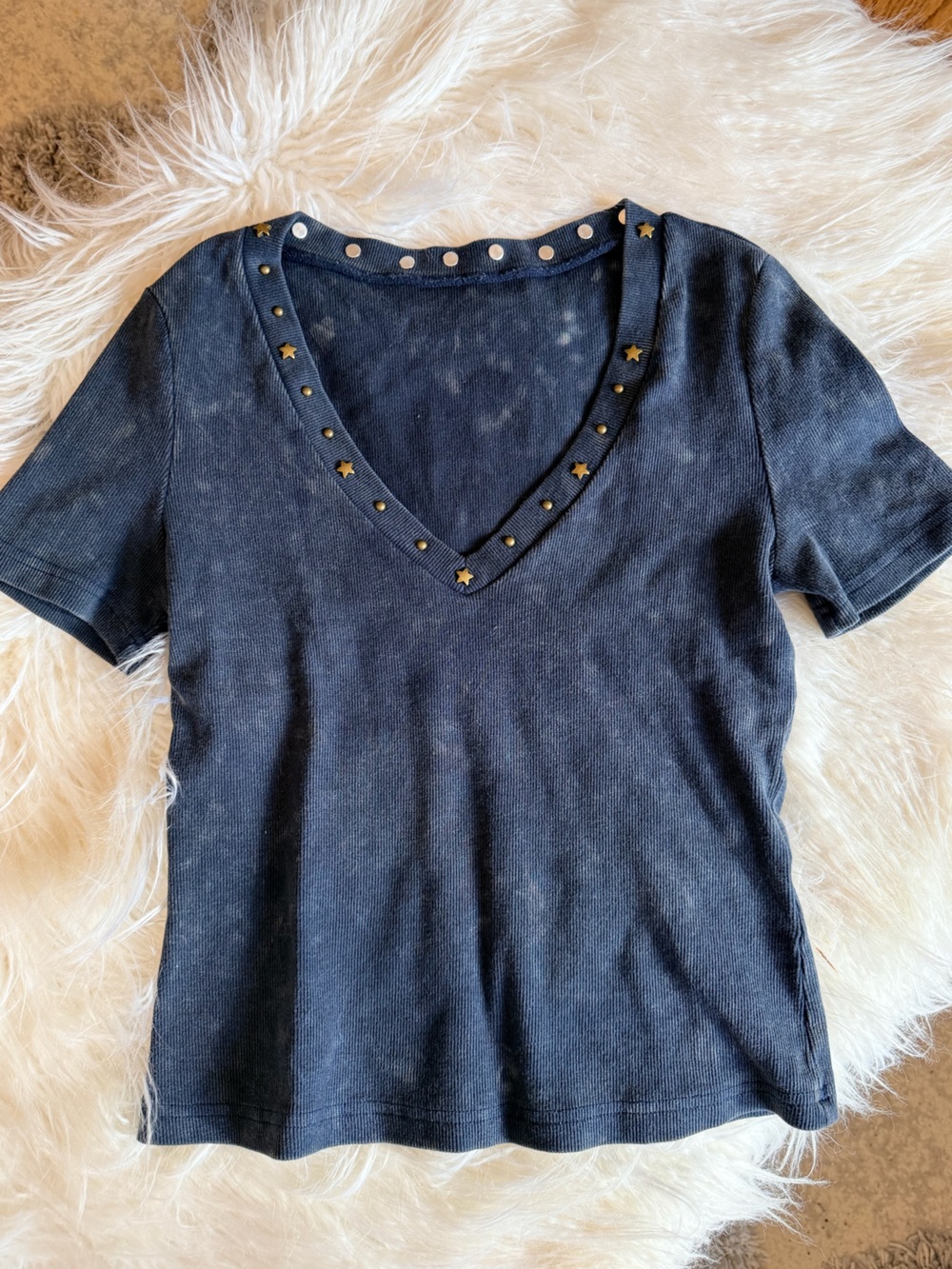 Primark Navy Short Sleeve V-Neck Top with Star Studs